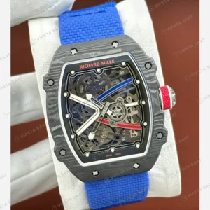 Richard Mille RM 67-02 Extra Flat Ogier Fransa Siyah Karbon Mavi Kumaş Kordon Super Clone ETA Eta Saat detay 4