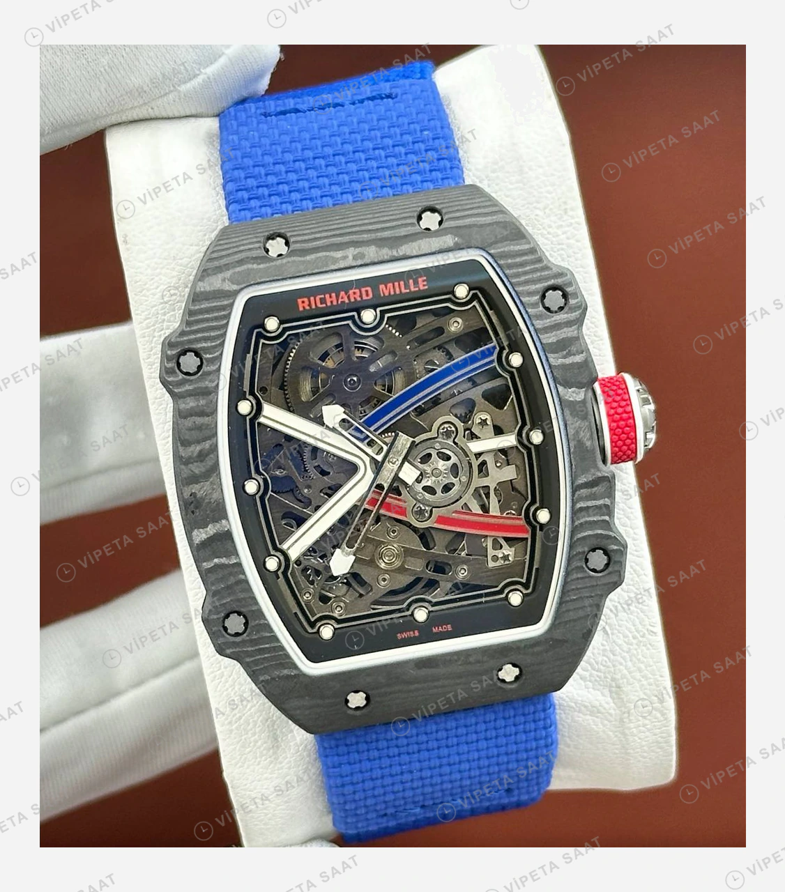 Richard Mille RM 67-02 Extra Flat Ogier Fransa Siyah Karbon Mavi Kumaş Kordon Super Clone ETA Eta Saat detay 4