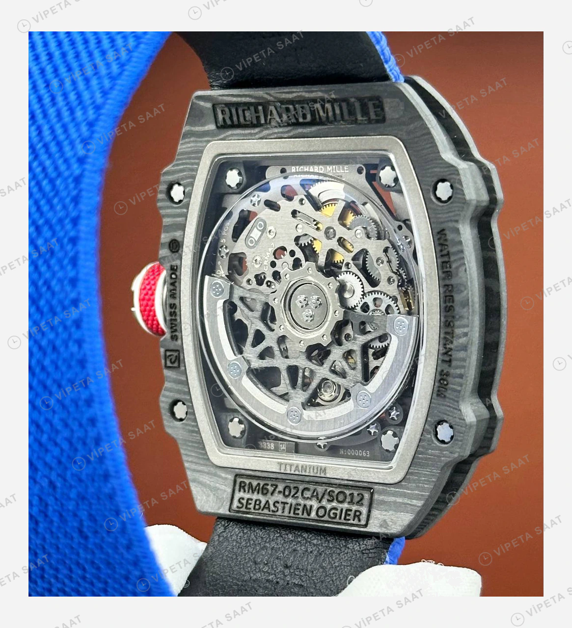 Richard Mille RM 67-02 Extra Flat Ogier Fransa Siyah Karbon Mavi Kumaş Kordon Super Clone ETA Eta Saat detay 5