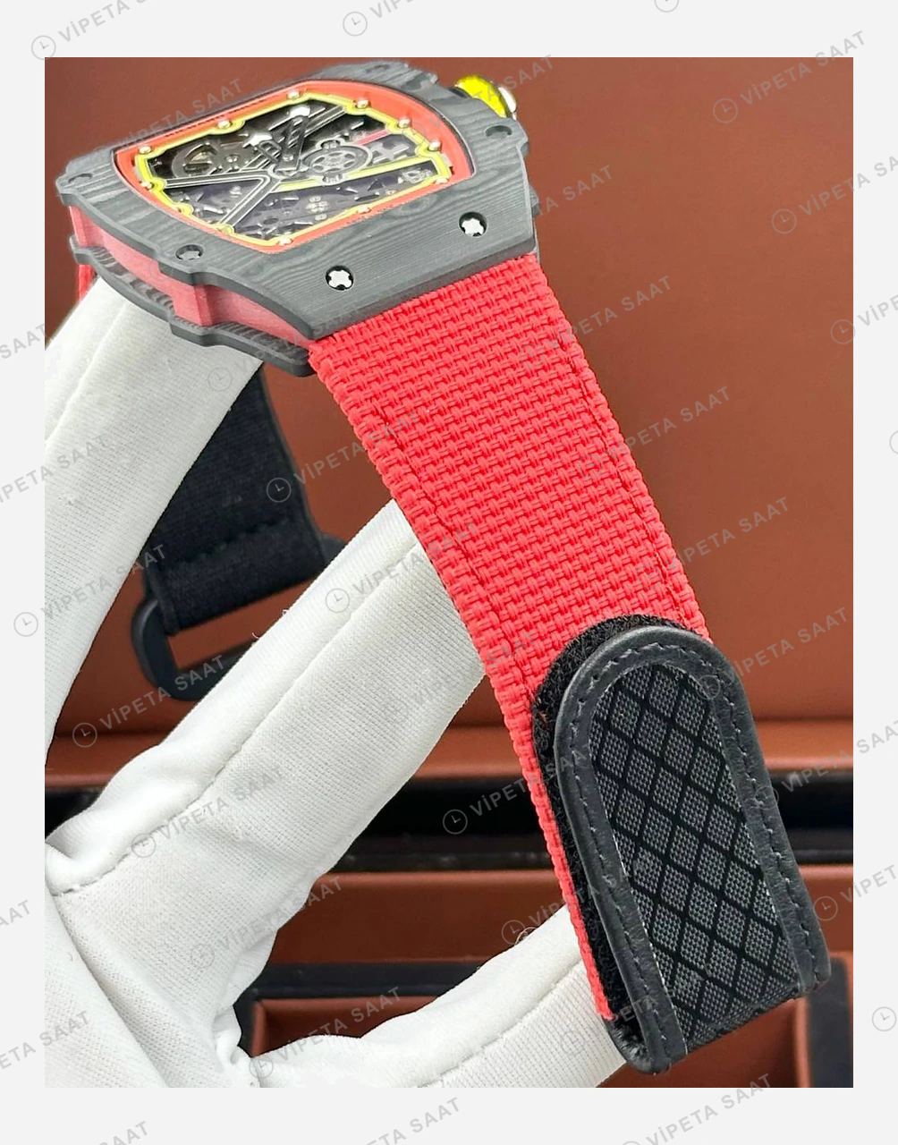 Richard Mille RM 67-02 Extra Flat Zverev Almanya Siyah Karbon Kırmızı Sarı Kumaş Kordon Super Clone ETA Eta Saat detay 3