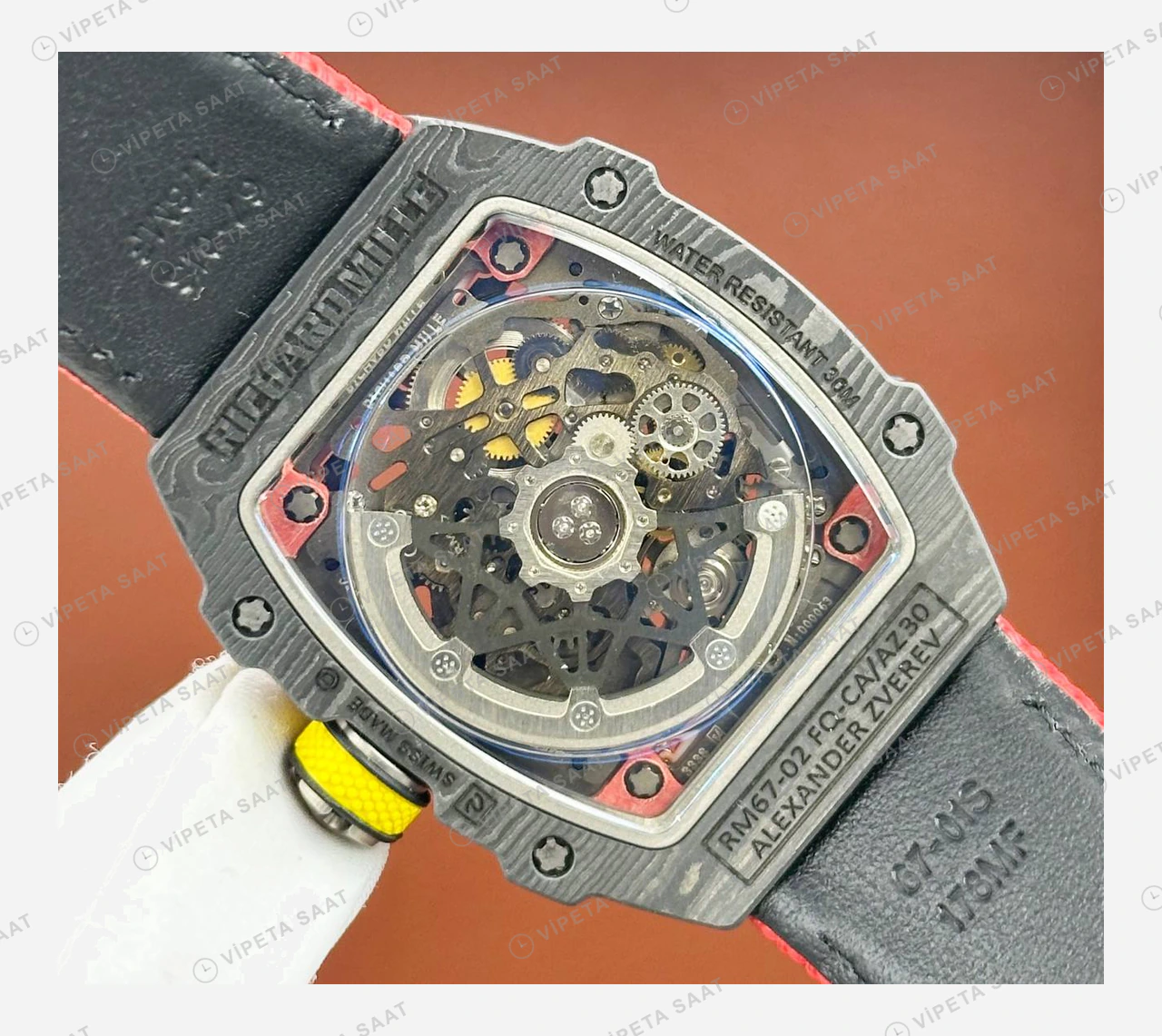 Richard Mille RM 67-02 Extra Flat Zverev Almanya Siyah Karbon Kırmızı Sarı Kumaş Kordon Super Clone ETA Eta Saat detay 5