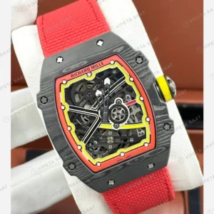 Richard Mille RM 67-02 Extra Flat Zverev Almanya Siyah Karbon Kırmızı Sarı Kumaş Kordon Super Clone ETA Eta Saat detay 6