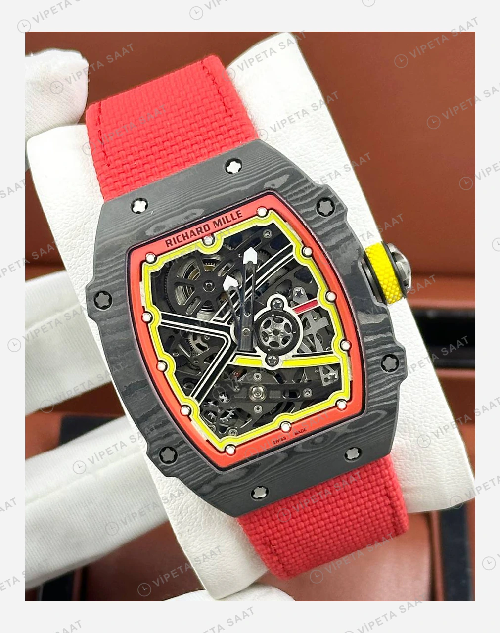 Richard Mille RM 67-02 Extra Flat Zverev Almanya Siyah Karbon Kırmızı Sarı Kumaş Kordon Super Clone ETA Eta Saat detay 6