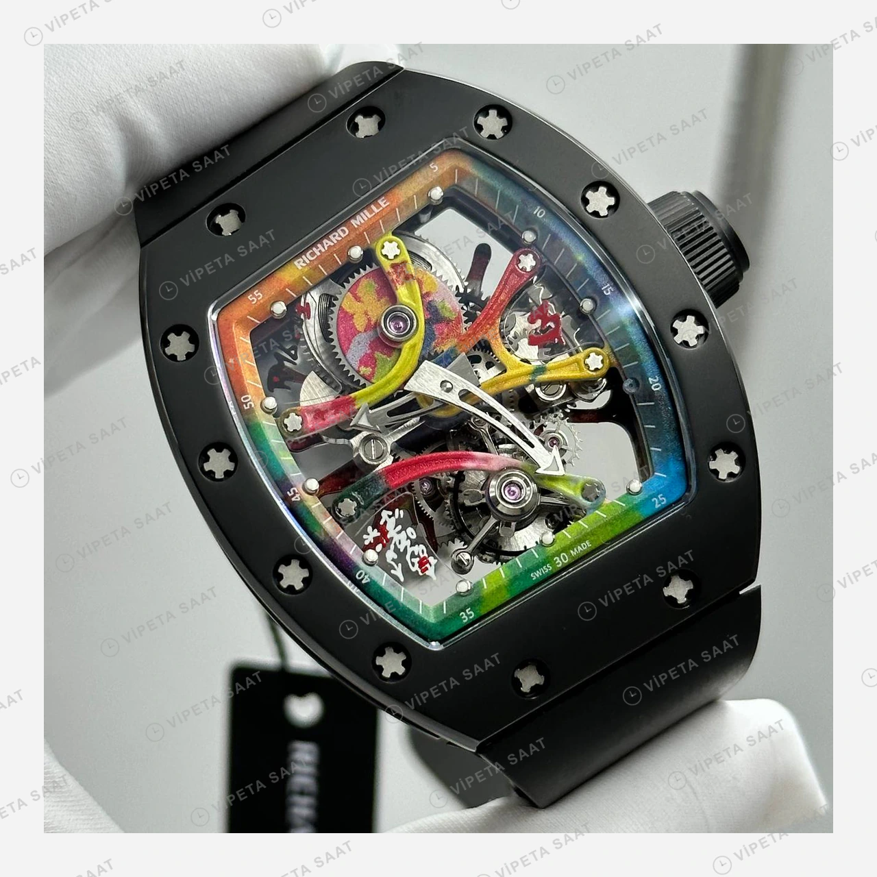 Richard Mille RM 68-01 Kongo Grafiti Tourbillon Siyah Kasa Düz Kauçuk Super Clone ETA Eta Saat detay 6