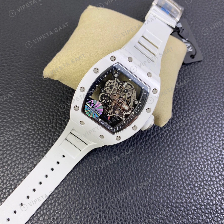 Richard Mille RM055 Beyaz Seramik Kasa Iskelet Kadran Beyaz Kaucuk Kordon Super Clone Eta Eta Saat detay 4
