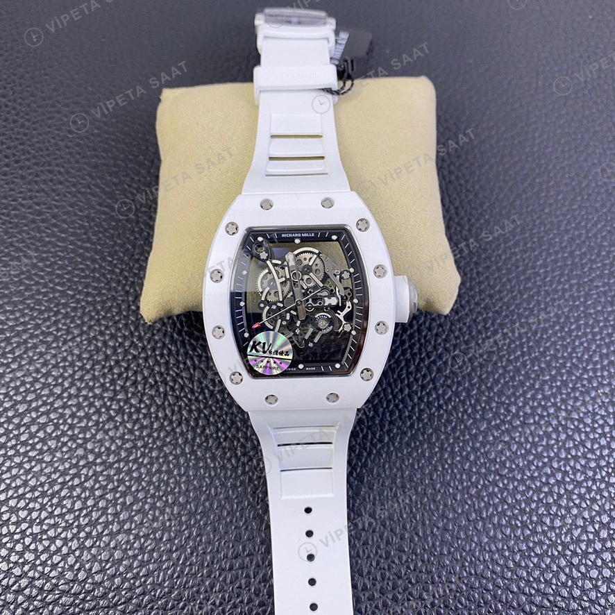 Richard Mille RM055 Beyaz Seramik Kasa Iskelet Kadran Beyaz Kaucuk Kordon Super Clone Eta Eta Saat detay 5