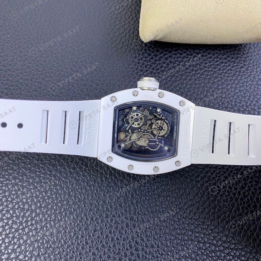 Richard Mille RM055 Beyaz Seramik Kasa Iskelet Kadran Beyaz Kaucuk Kordon Super Clone Eta Eta Saat detay 6