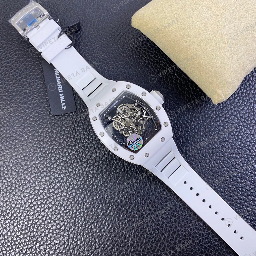 Richard Mille RM055 Beyaz Seramik Kasa Iskelet Kadran Beyaz Kaucuk Kordon Super Clone Eta Eta Saat detay 9
