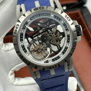 Roger Dubuis Excalibur Gri Skeleton Mavi Kauçuk Super Clone ETA Saat detay 5