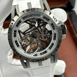 Roger Dubuis Excalibur Gümüş Skeleton Beyaz Kauçuk Super Clone ETA Saat detay 5