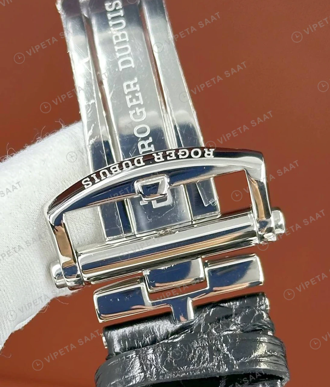 Roger Dubuis Excalibur Gümüş Skeleton Deri Super Clone ETA Saat detay 4
