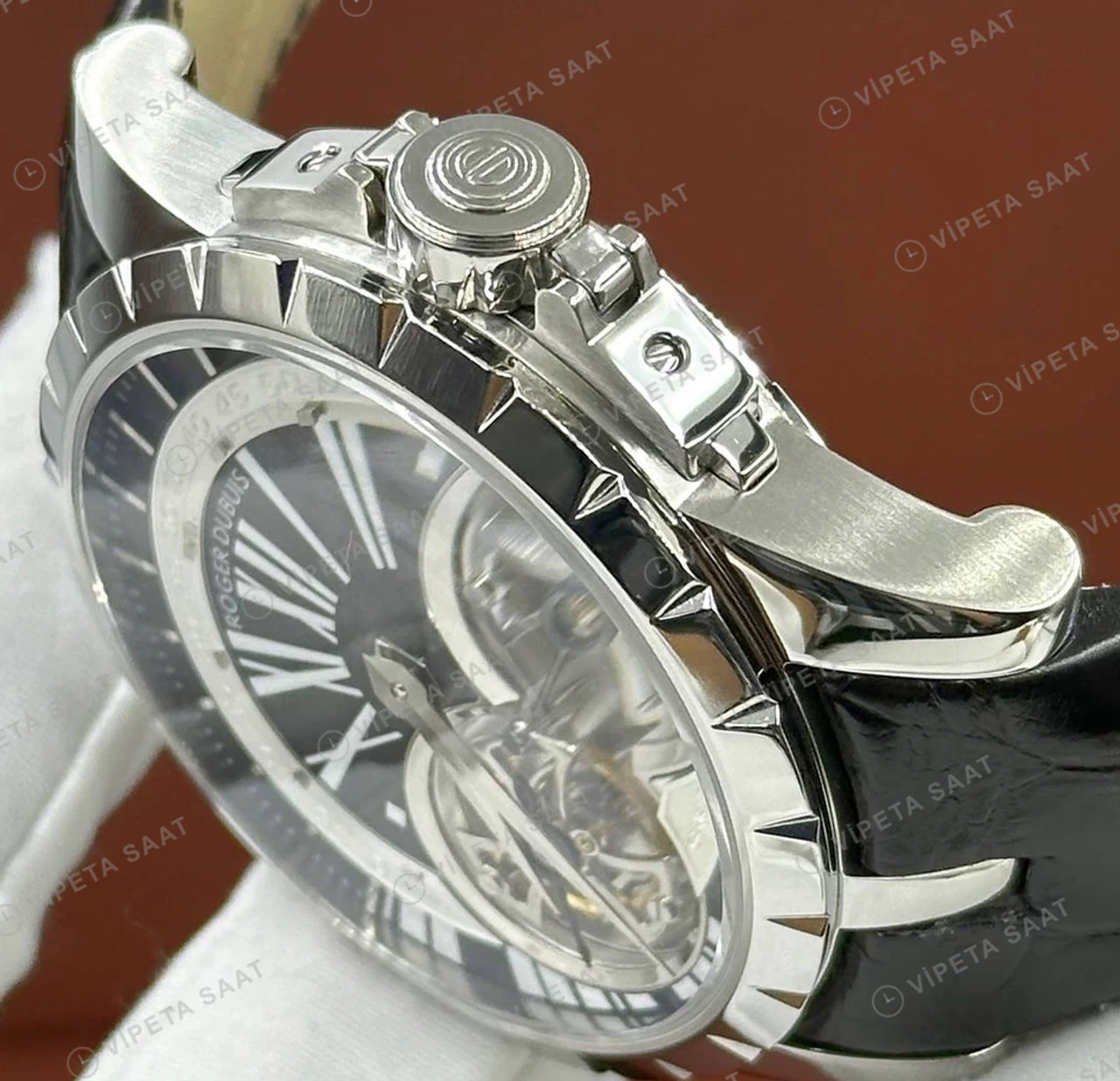 Roger Dubuis Excalibur Gümüş Skeleton Deri Super Clone ETA Saat detay 5