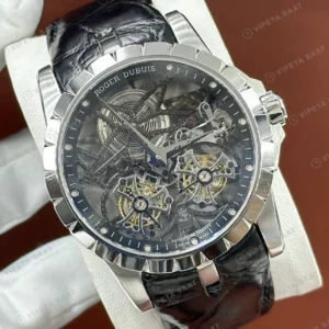 Roger Dubuis Excalibur Gümüş Skeleton Tourbillon Deri Düz Super Clone ETA Saat detay 6