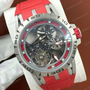 Roger Dubuis Excalibur Gümüş Skeleton Tourbillon Kırmızı Kauçuk Super Clone ETA Saat detay 6