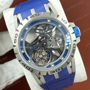 Roger Dubuis Excalibur Gümüş Skeleton Tourbillon Mavi Kauçuk Super Clone ETA Saat detay 6
