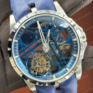 Roger Dubuis Excalibur Mavi Skeleton Tourbillon Kauçuk Super Clone ETA Saat detay 7