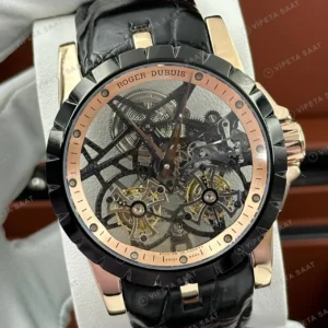 Roger Dubuis Excalibur Rose Skeleton Tourbillon Deri Gece Super Clone ETA Saat detay 5