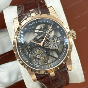 Roger Dubuis Excalibur Rose Skeleton Tourbillon Kahve Deri Super Clone ETA Saat detay 4