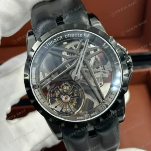 Roger Dubuis Excalibur Siyah Skeleton Tourbillon Deri Super Clone ETA Saat detay 7