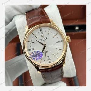 Rolex Cellini Beyaz Kadran Sarı Altın Deri Kordon Super Clone Eta Saat detay 5