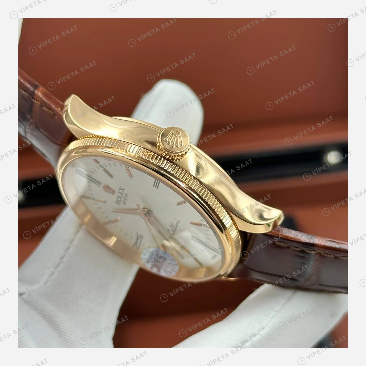 Rolex Cellini Beyaz Kadran Sarı Altın Deri Kordon Super Clone Eta Saat detay 6