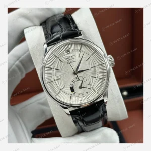 Rolex Cellini Dual Time Gümüş Kadran Deri Kordon Super Clone Eta Saat detay 5