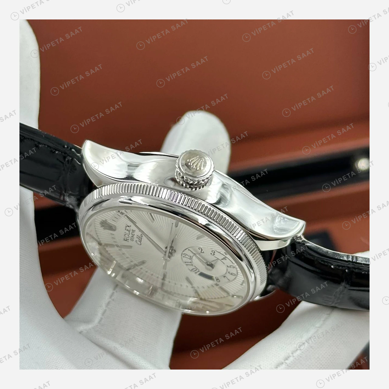 Rolex Cellini Dual Time Gümüş Kadran Deri Kordon Super Clone Eta Saat detay 6