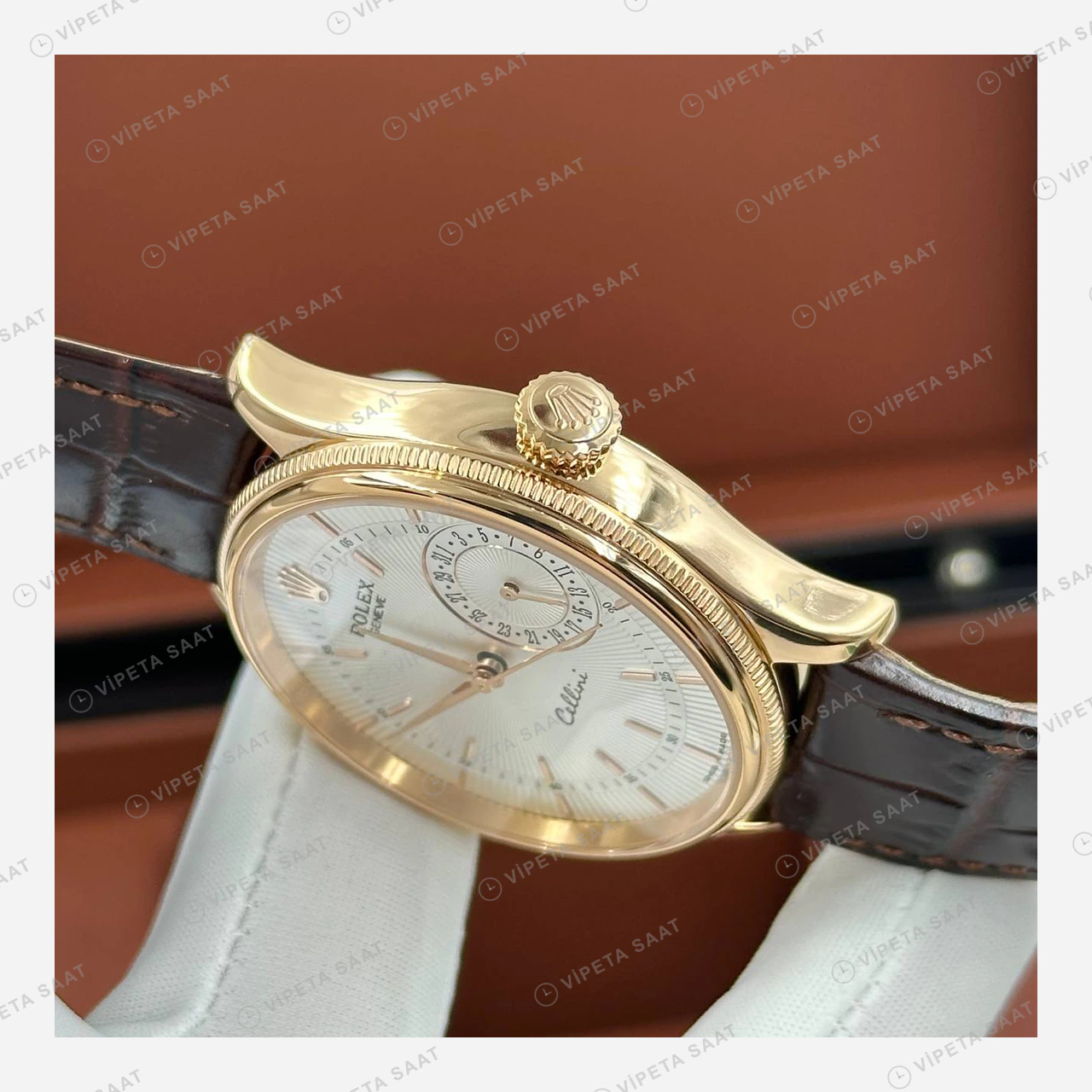 Rolex Cellini Gümüş Kadran Everose Deri Kordon Super Clone Eta Saat detay 5