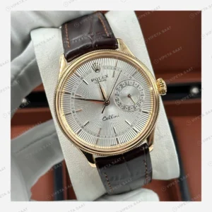 Rolex Cellini Gümüş Kadran Everose Deri Kordon Super Clone Eta Saat detay 7