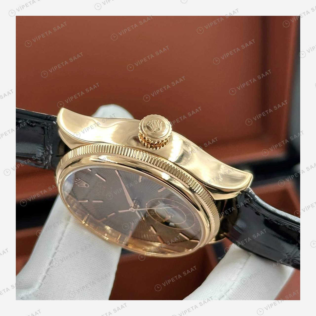Rolex Cellini Kahverengi Kadran Everose Deri Kordon Super Clone Eta Saat detay 4