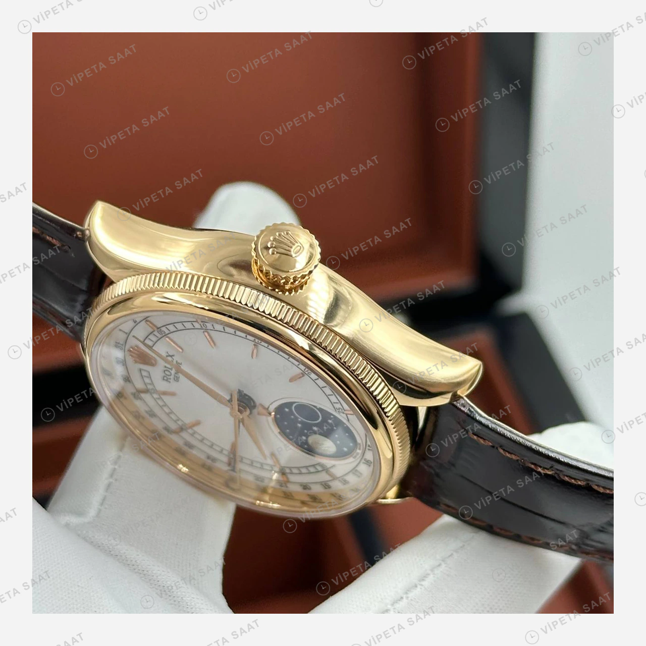 Rolex Cellini Moonphase Beyaz Kadran Sarı Altın Deri Kordon Super Clone Eta Saat detay 6