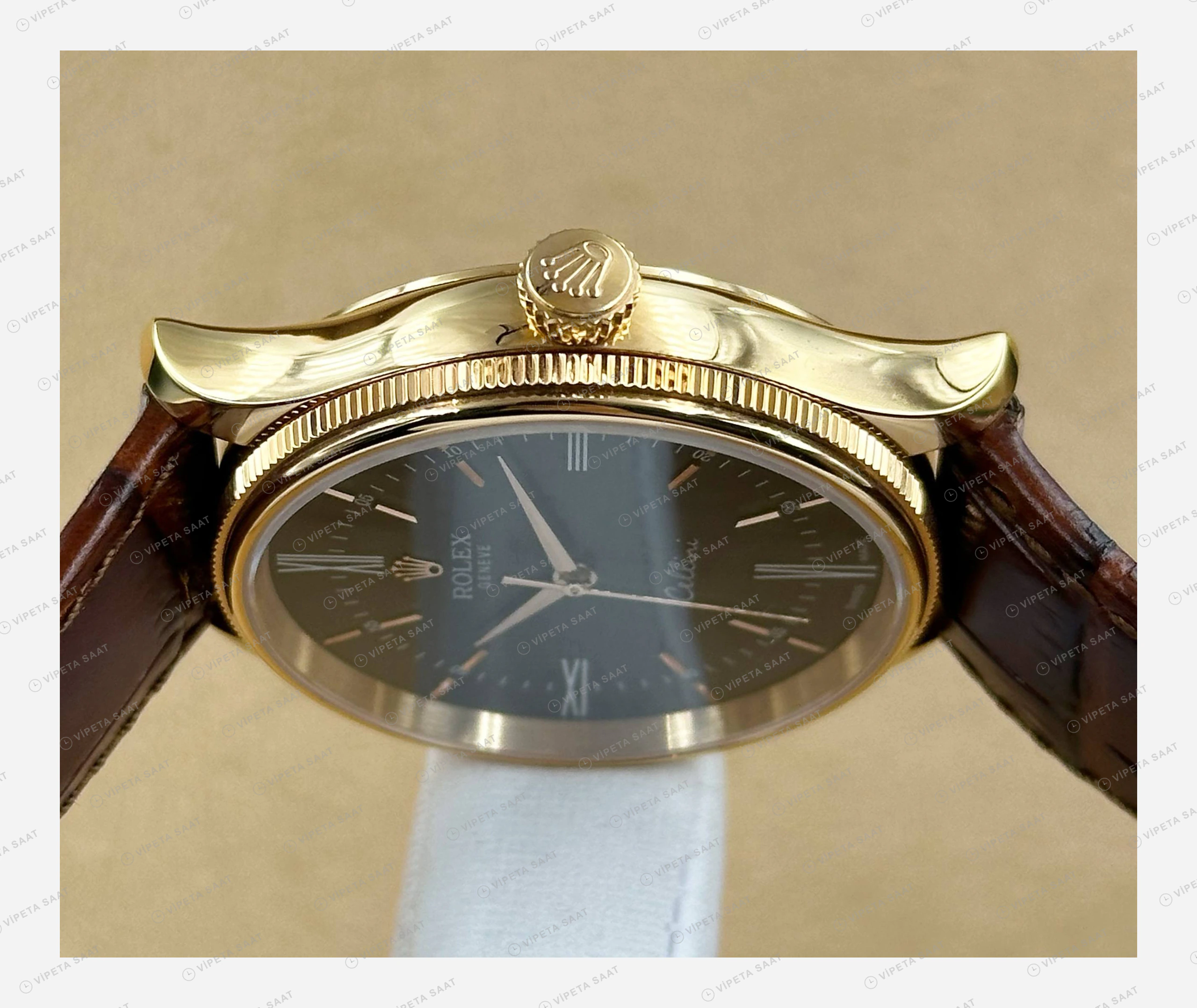 Rolex Cellini Siyah Kadran Sarı Altın Deri Kordon Klasik Super Clone Eta Saat detay 3