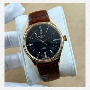 Rolex Cellini Siyah Kadran Sarı Altın Deri Kordon Klasik Super Clone Eta Saat detay 6