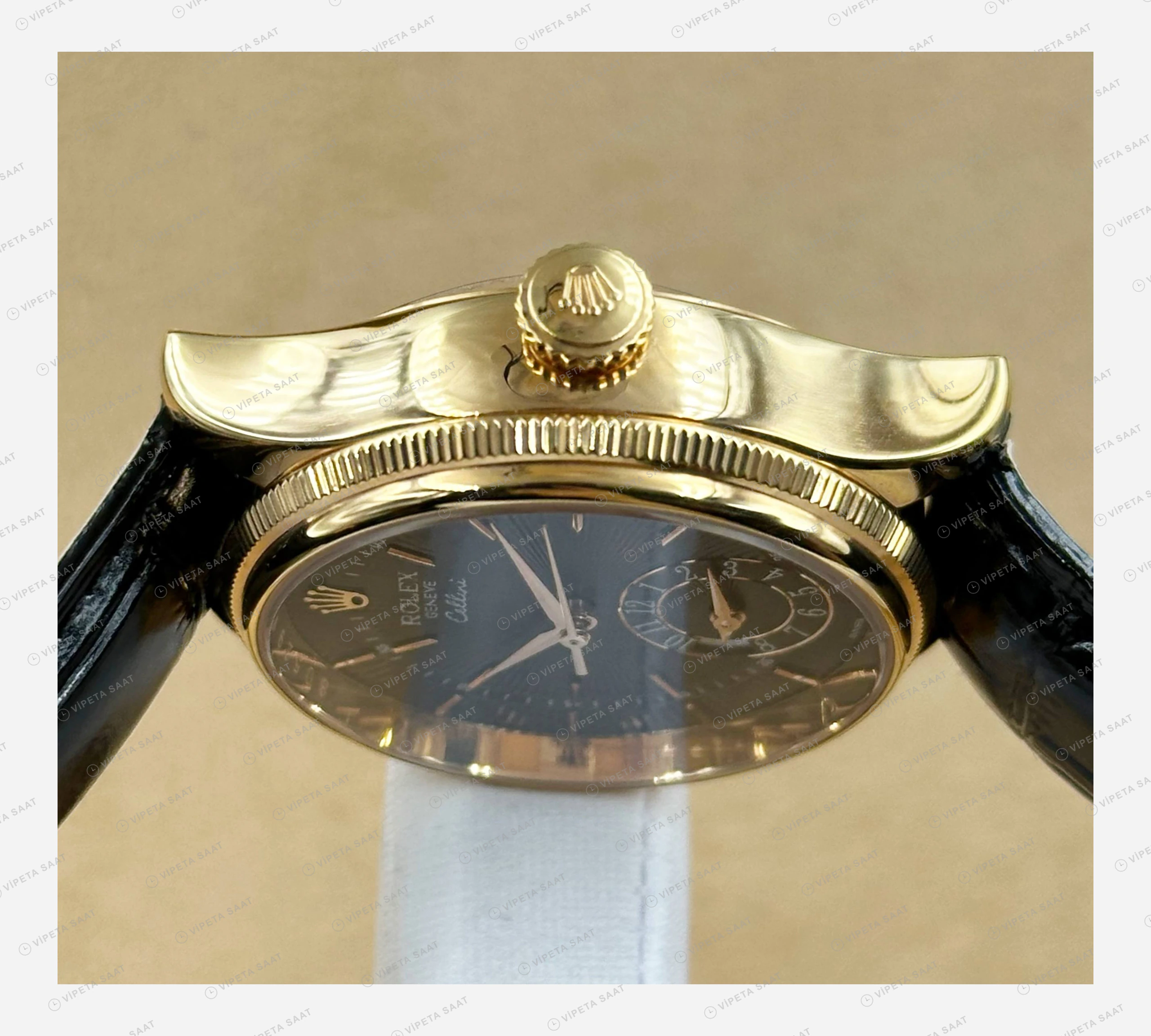 Rolex Cellini Siyah Kadran Sarı Altın Deri Kordon Super Clone Eta Saat detay 3