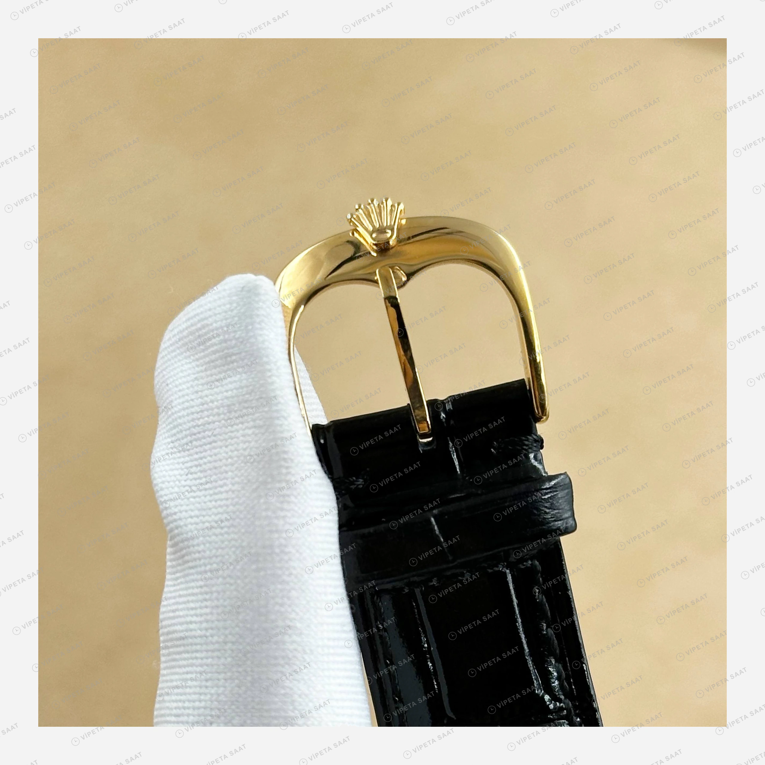 Rolex Cellini Siyah Kadran Sarı Altın Deri Kordon Super Clone Eta Saat detay 5