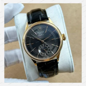Rolex Cellini Siyah Kadran Sarı Altın Deri Kordon Super Clone Eta Saat detay 6
