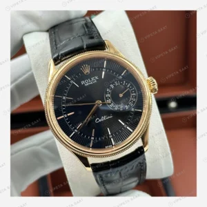 Rolex Cellini Siyah Kadran Tarih Everose Deri Kordon Super Clone Eta Saat detay 5