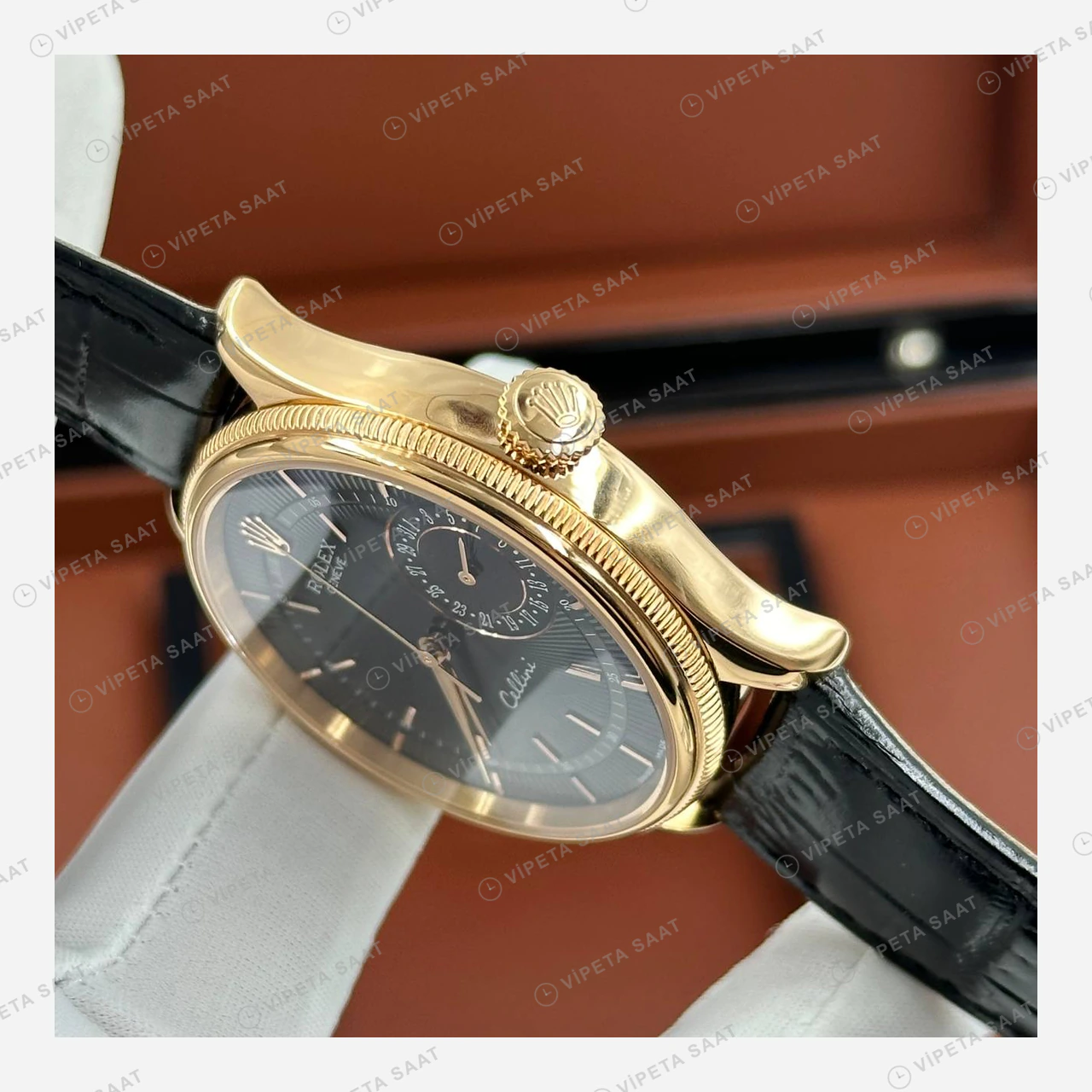 Rolex Cellini Siyah Kadran Tarih Everose Deri Kordon Super Clone Eta Saat detay 6