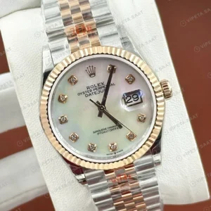 Rolex Datejust 126231 41 mm fluted Yeşil Kadranlı Everose Pırlanta Sedef Super Clone Eta Saat detay 3