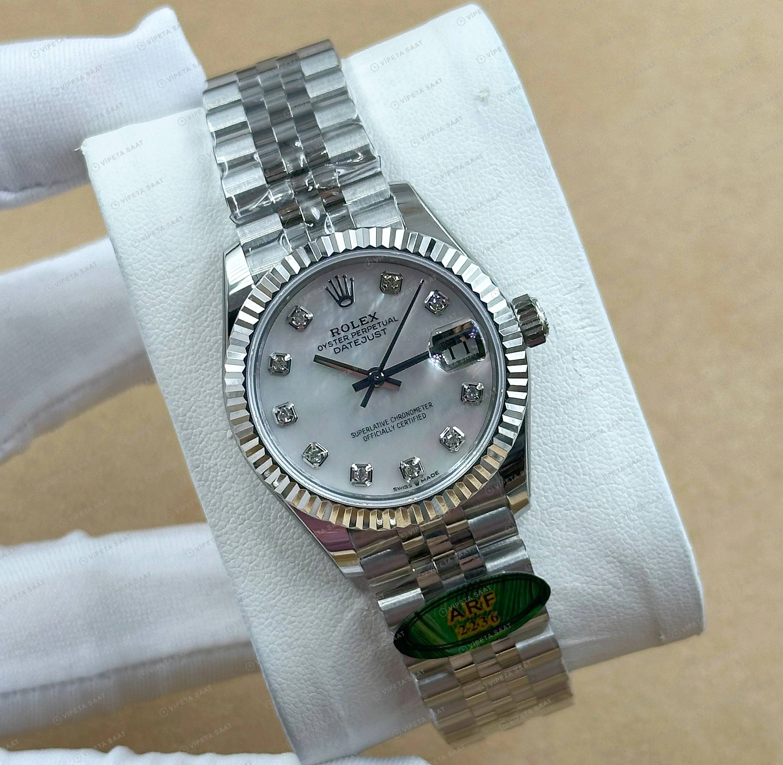 Rolex Datejust 126231 41 mm fluted Yeşil Kadranlı Everose Pırlanta Super Clone Eta Saat detay 5