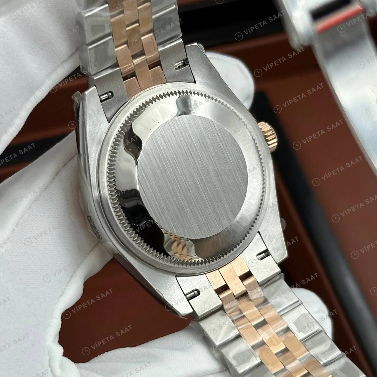 Rolex Datejust 126231 41 mm Gri Kadranlı Jubilee Everose İki Renk Pırlanta Super Clone Eta Saat detay 4