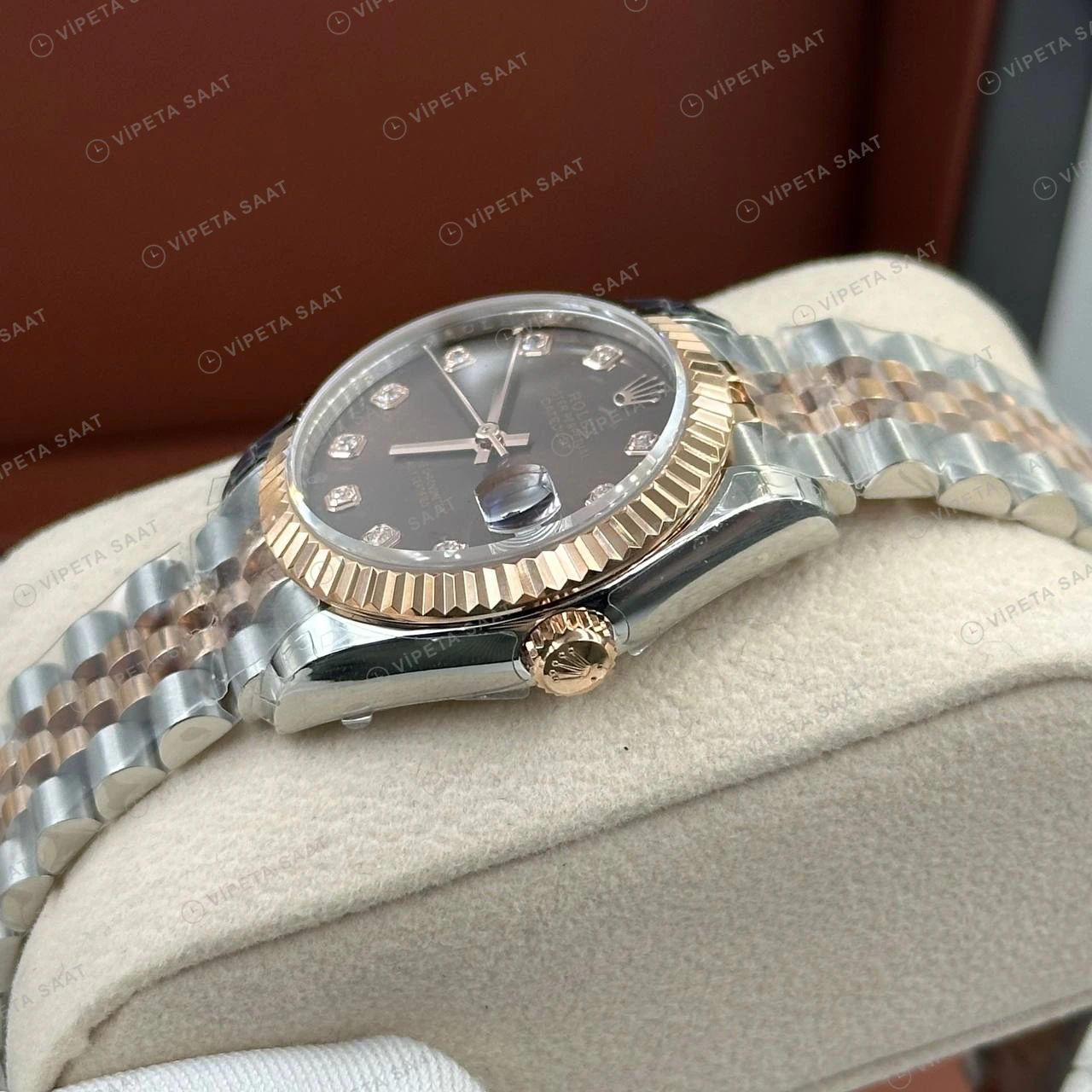 Rolex Datejust 126231 41 mm Kahve Kadranlı Jubilee Everose İki Renk Pırlanta Super Clone Eta Saat detay 5