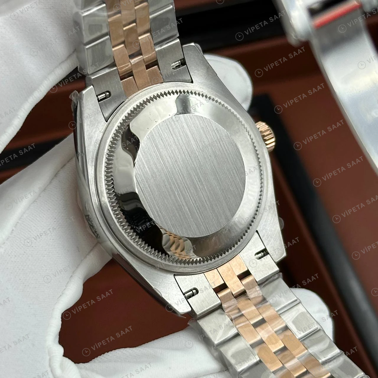 Rolex Datejust 126231 41 mm Mavi Kadranlı Jubilee Everose İki Renk Pırlanta Super Clone Eta Saat detay 4