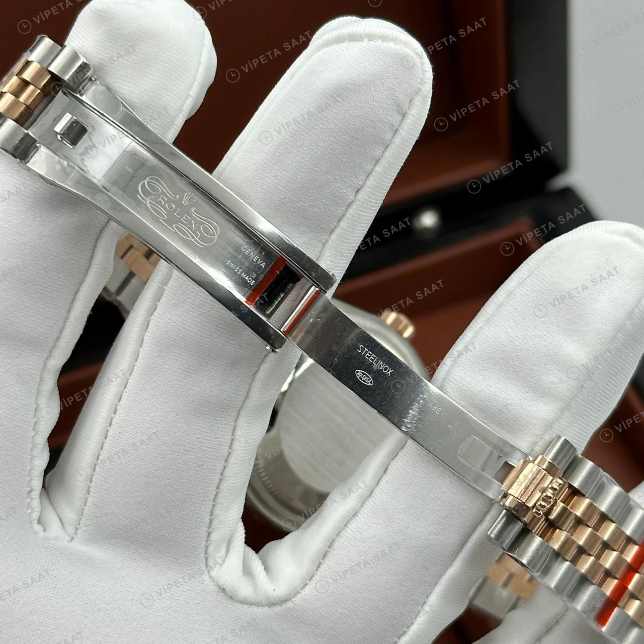 Rolex Datejust 126231 41 mm Mavi Kadranlı Jubilee Everose İki Renk Pırlanta Super Clone Eta Saat detay 6