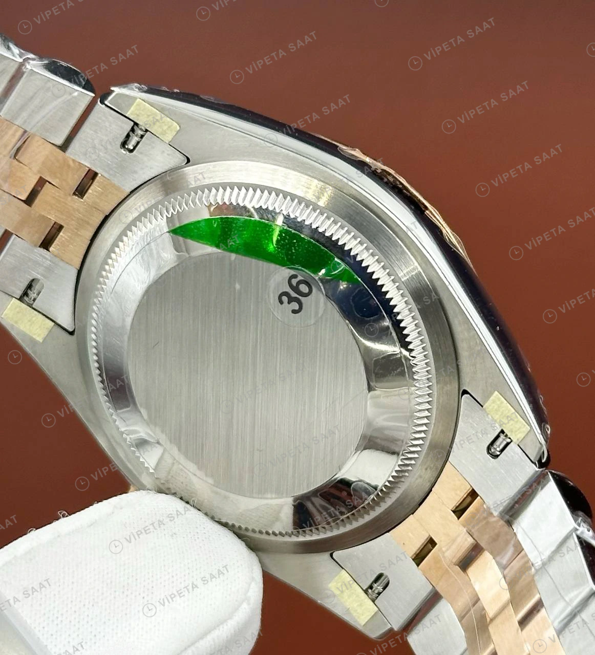 Rolex Datejust 126231 41 mm palm Yeşil Kadranlı Fluted Everose Super Clone Eta Saat detay 4