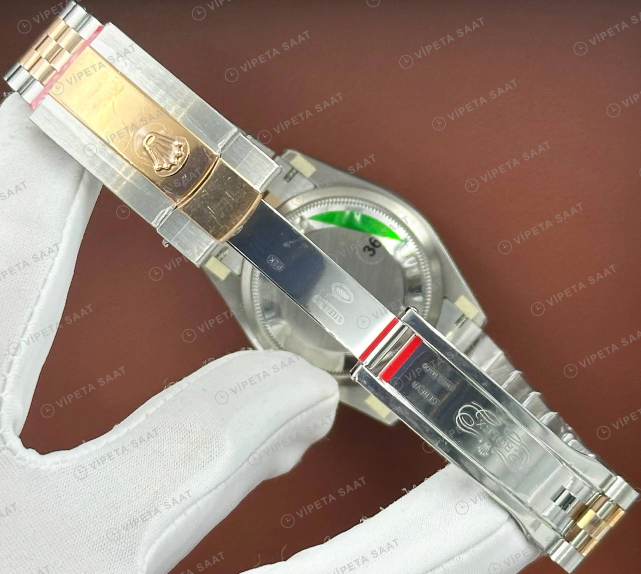 Rolex Datejust 126231 41 mm palm Yeşil Kadranlı Fluted Everose Super Clone Eta Saat detay 6