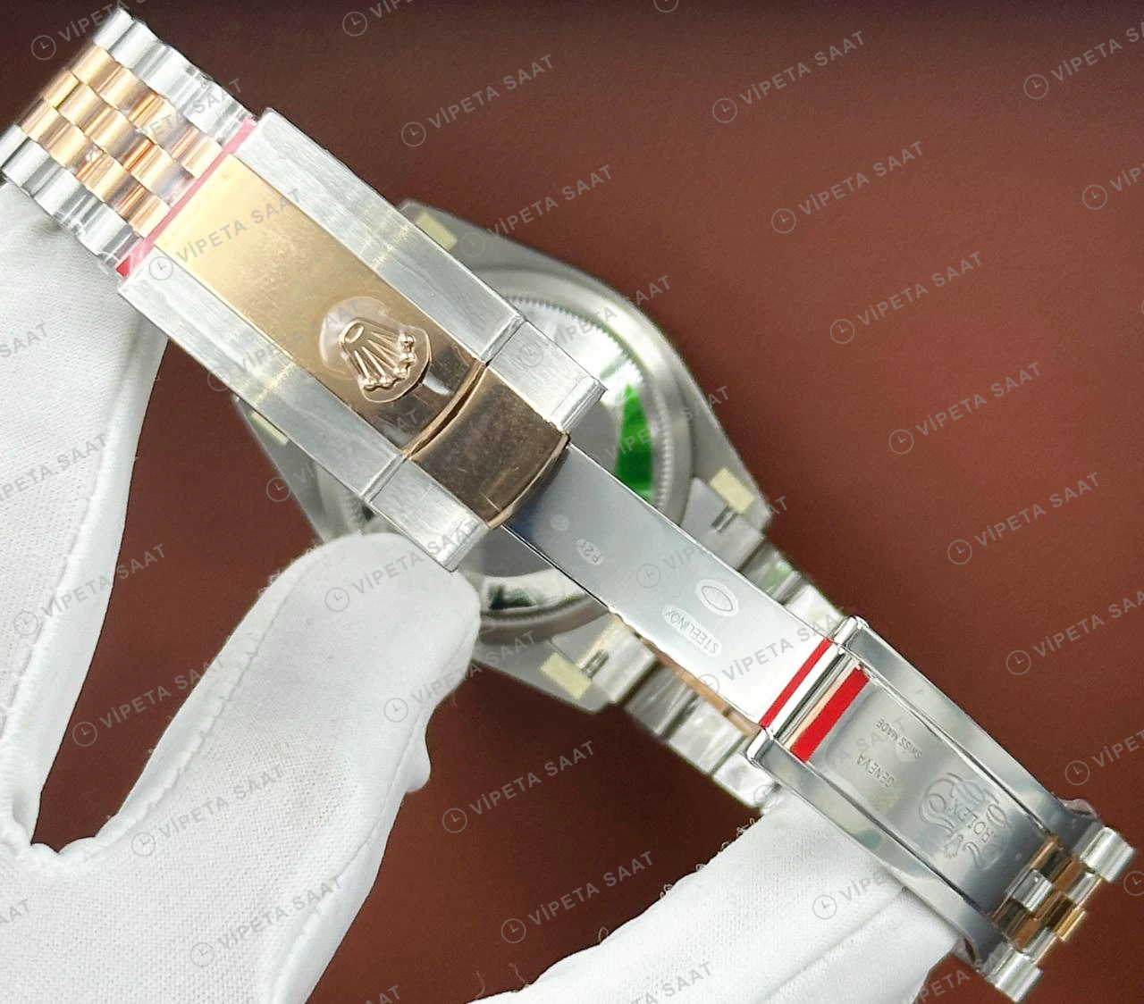 Rolex Datejust 126231 41 mm palm Yeşil Kadranlı Jubilee Everose Super Clone Eta Saat detay 4