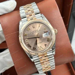 Rolex Datejust 126231 41 mm Pembe Kadranlı Jubilee Everose İki Renk Roma Super Clone Eta Saat karşıdan görünüm