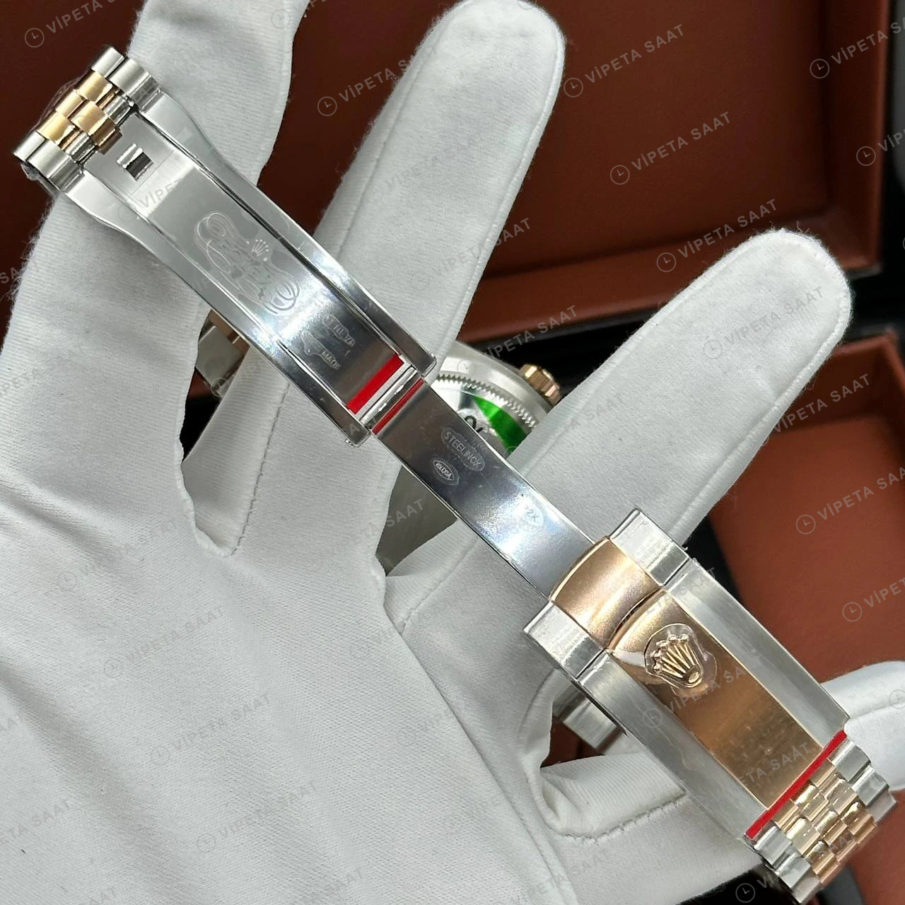 Rolex Datejust 126231 41 mm Pembe Kadranlı Jubilee Everose İki Renk Roma Super Clone Eta Saat detay 5
