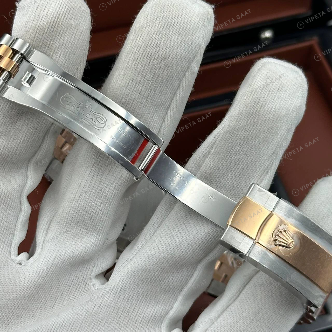 Rolex Datejust 126231 41 mm Siyah Kadranlı Jubilee Everose İki Renk Pırlanta Super Clone Eta Saat detay 6